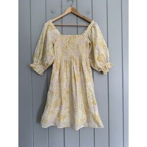 Billabong Dress M Medium Paradise Mini Puff Sleeve Smocked Beach Floral Yellow